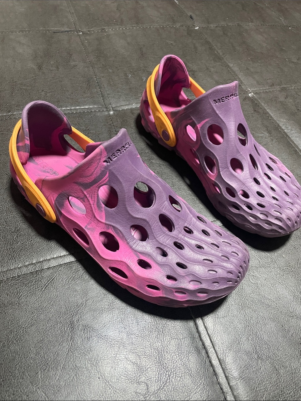 Merrell Women's Purple and Pink Ventilated Clogs with Yellow Strap